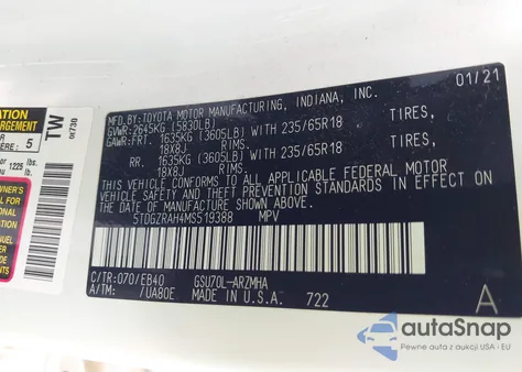 2021 Toyota Highlander Xle from USA, damaged, VIN 5TDGZRAH4MS519388